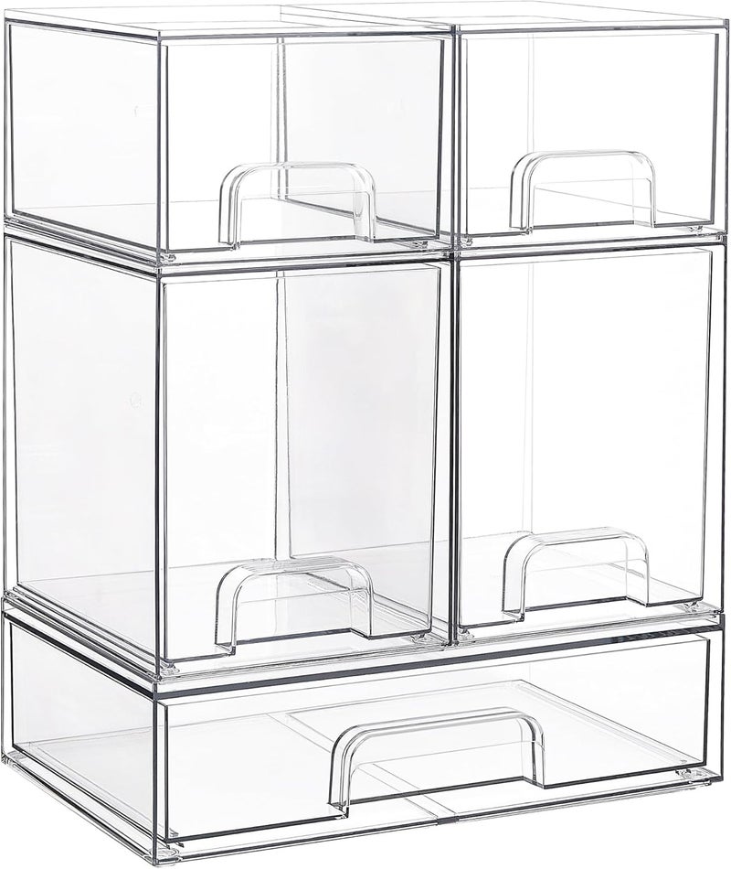 Vtopmart Stackable Storage Drawers Set of 5, Clear Plastic Organizer Bins for Baby Bottle, Beauty Supplies Storage, Ideal for Kichen Countertop, Vanity, Bathroom, Cabinet, Pantry Organization - Image 1